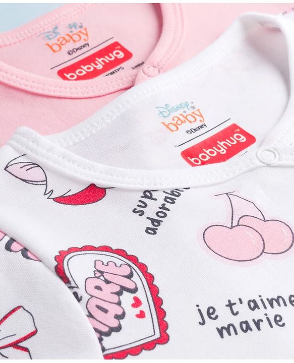 Babyhug Disney Interlock Knit Full Sleeves Front Open Romper with Marie Graphic Pack of 2 - Pink & White