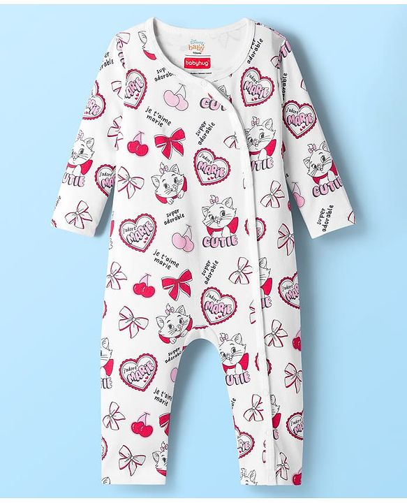 Babyhug Disney Interlock Knit Full Sleeves Front Open Romper with Marie Graphic Pack of 2 - Pink & White