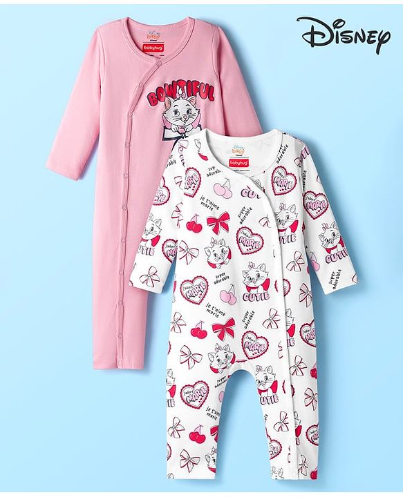 Babyhug Disney Interlock Knit Full Sleeves Front Open Romper with Marie Graphic Pack of 2 - Pink & White