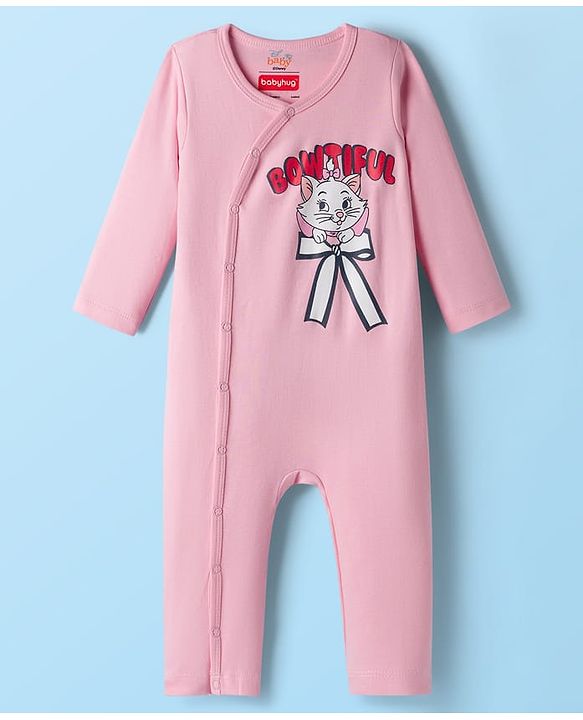 Babyhug Disney Interlock Knit Full Sleeves Front Open Romper with Marie Graphic Pack of 2 - Pink & White