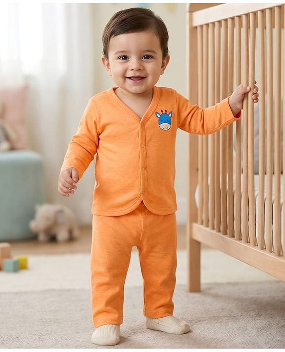 Babyhug Single Jersey Knit Full Sleeves T-Shirt & Lounge Pant Set with Giraffe Print - Orange