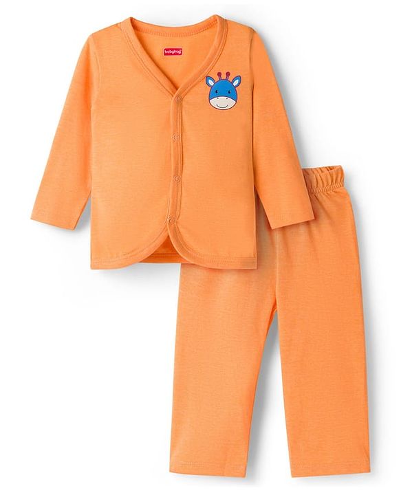 Babyhug Single Jersey Knit Full Sleeves T-Shirt & Lounge Pant Set with Giraffe Print - Orange