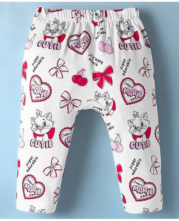 Babyhug Disney Interlock Knit Full Sleeves Onesie with Diaper Legging & Marie Graphic - Pink & White