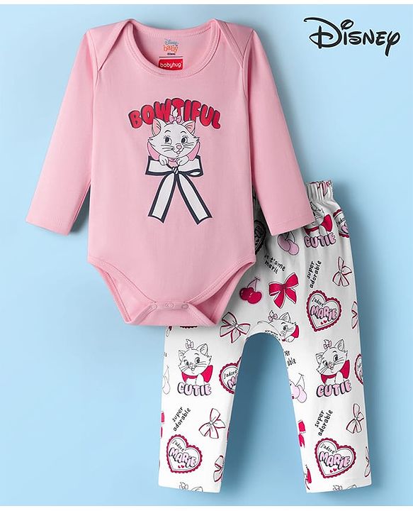 Babyhug Disney Interlock Knit Full Sleeves Onesie with Diaper Legging & Marie Graphic - Pink & White