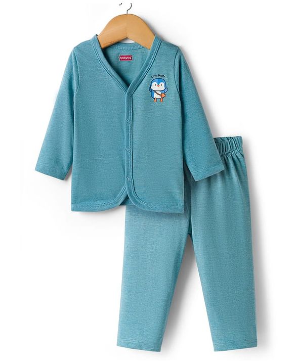 Babyhug Single Jersey Knit Full Sleeves T-Shirt & Pant Set With Bird Print - Teal Blue