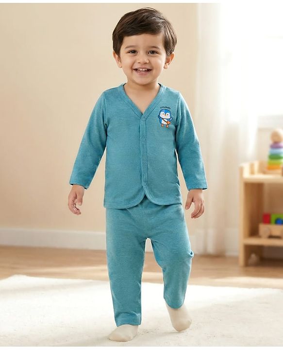 Babyhug Single Jersey Knit Full Sleeves T-Shirt & Pant Set With Bird Print - Teal Blue