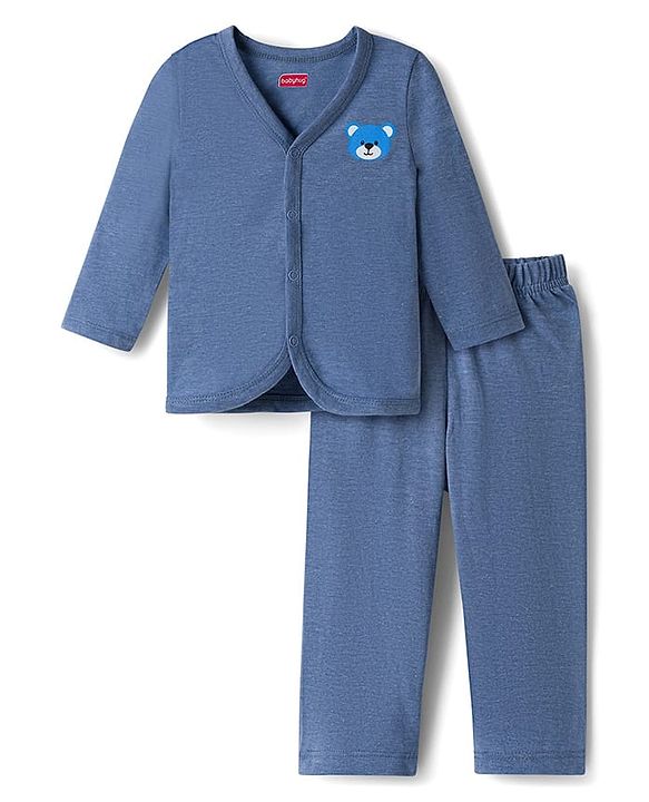 Babyhug Single Jersey Knit Full Sleeves T-Shirt & Lounge Pant Set with Bear Graphic - Blue