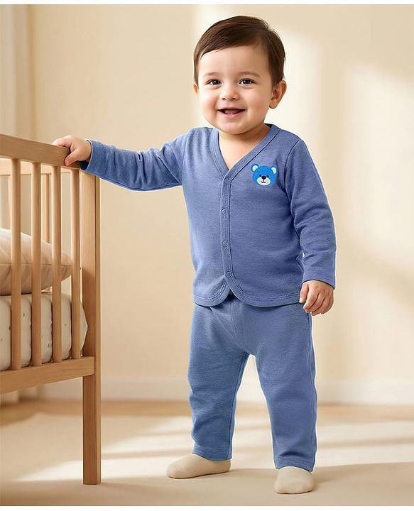 Babyhug Single Jersey Knit Full Sleeves T-Shirt & Lounge Pant Set with Bear Graphic - Blue