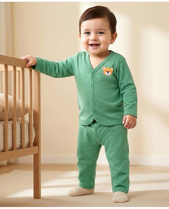 Babyhug Single Jersey Knit Full Sleeves T-Shirt & Lounge Pant Set with Bear Graphic - Green