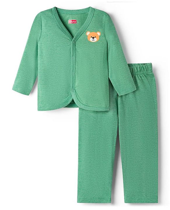Babyhug Single Jersey Knit Full Sleeves T-Shirt & Lounge Pant Set with Bear Graphic - Green