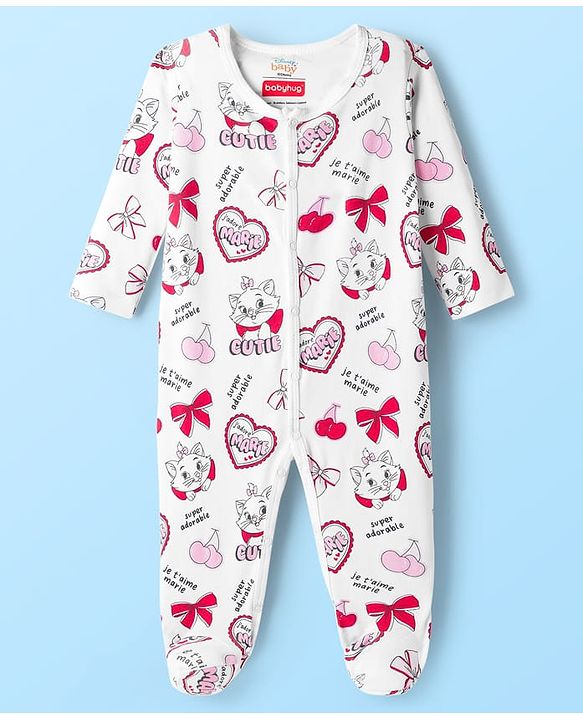 Babyhug Disney Interlock Knit Full Sleeves Footed Sleepsuit With Marie Graphics Pack Of 2 - Red & White