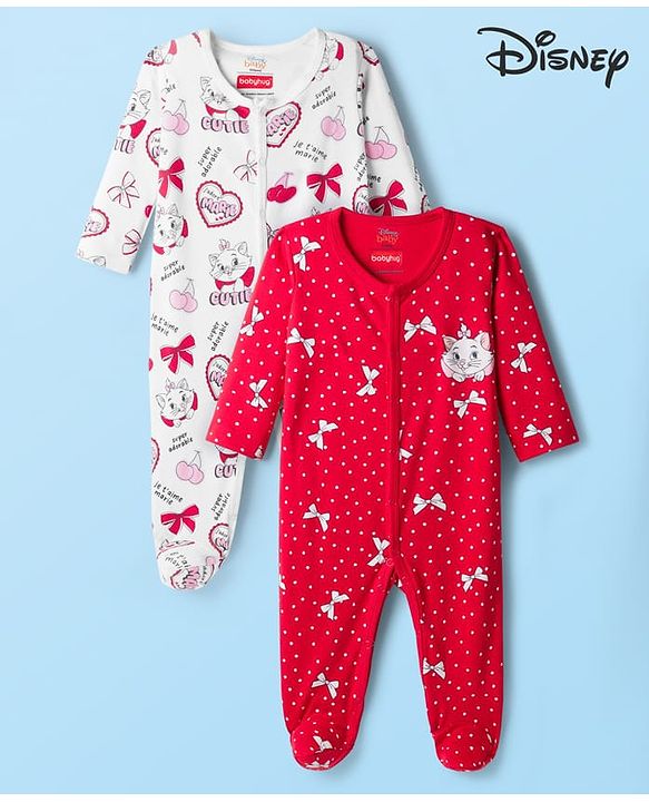 Babyhug Disney Interlock Knit Full Sleeves Footed Sleepsuit With Marie Graphics Pack Of 2 - Red & White