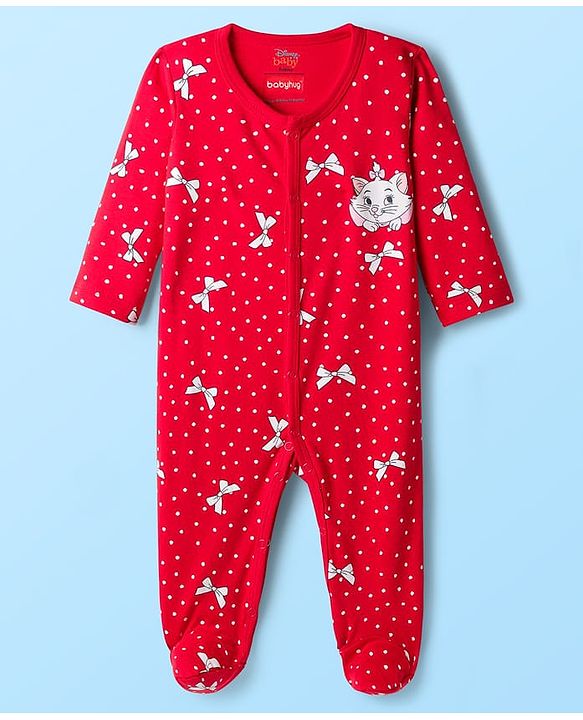Babyhug Disney Interlock Knit Full Sleeves Footed Sleepsuit With Marie Graphics Pack Of 2 - Red & White