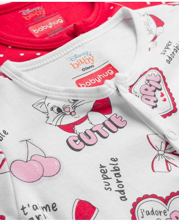Babyhug Disney Interlock Knit Full Sleeves Footed Sleepsuit With Marie Graphics Pack Of 2 - Red & White