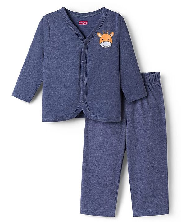 Babyhug Single Jersey Knit Full Sleeves T-Shirt & Lounge Pant Set with Giraffe Graphic - Navy Blue