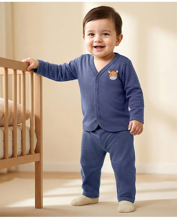 Babyhug Single Jersey Knit Full Sleeves T-Shirt & Lounge Pant Set with Giraffe Graphic - Navy Blue