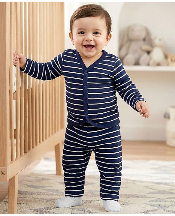 Babyhug Single Jersey Knit Full Sleeves Co-ords T-Shirt & Lounge Pant Set with Stripes - Navy Blue