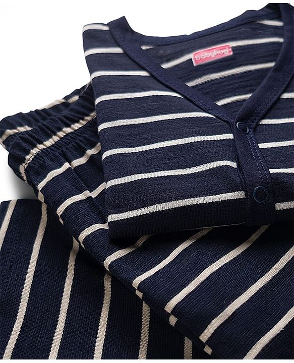 Babyhug Single Jersey Knit Full Sleeves Co-ords T-Shirt & Lounge Pant Set with Stripes - Navy Blue