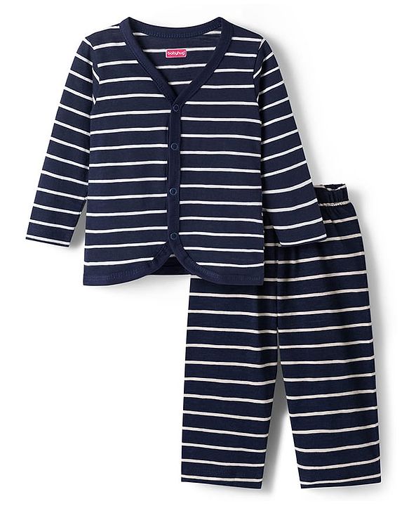 Babyhug Single Jersey Knit Full Sleeves Co-ords T-Shirt & Lounge Pant Set with Stripes - Navy Blue