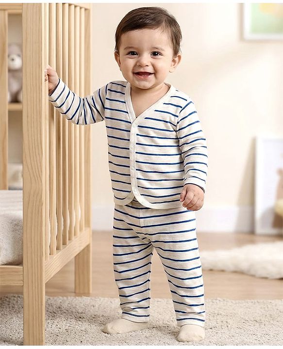 Babyhug Single Jersey Knit Full Sleeves Co-ords T-Shirt & Lounge Pant Set with Stripes - White