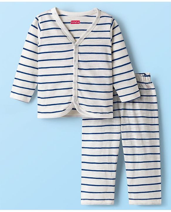 Babyhug Single Jersey Knit Full Sleeves Co-ords T-Shirt & Lounge Pant Set with Stripes - White