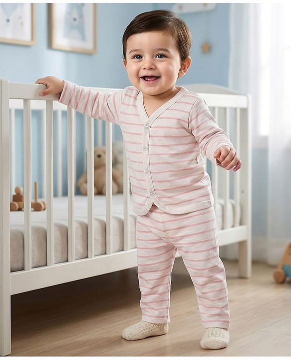 Babyhug Single Jersey Knit Full Sleeves Co-ords T-Shirt & Lounge Pant Set with Stripes - White