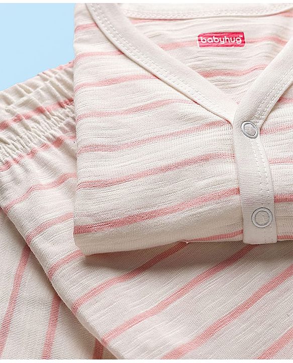 Babyhug Single Jersey Knit Full Sleeves Co-ords T-Shirt & Lounge Pant Set with Stripes - White