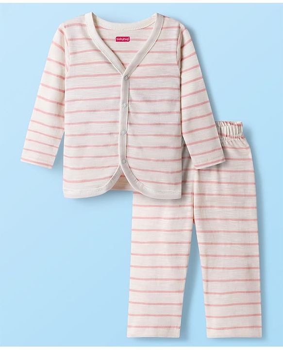 Babyhug Single Jersey Knit Full Sleeves Co-ords T-Shirt & Lounge Pant Set with Stripes - White