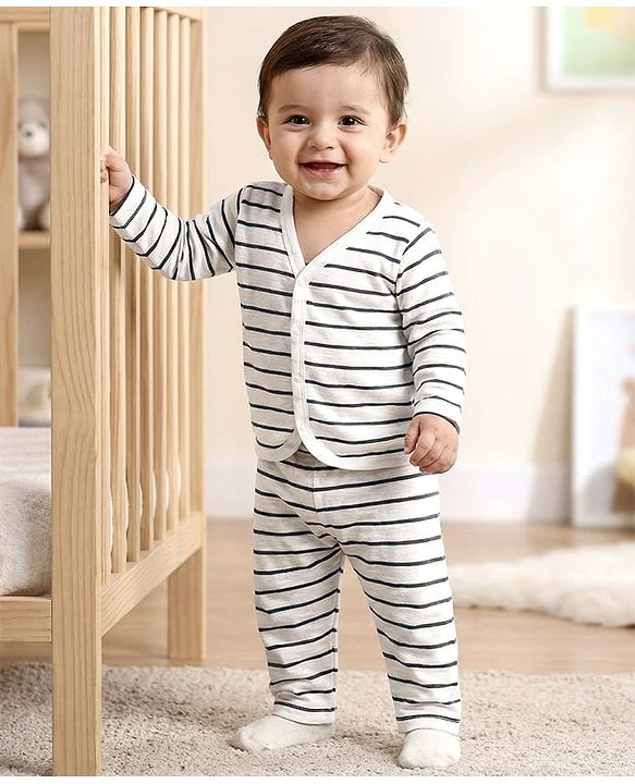 Babyhug Single Jersey Knit Full Sleeves Co-ords T-Shirt & Lounge Pant Set with Stripes - White