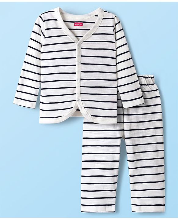 Babyhug Single Jersey Knit Full Sleeves Co-ords T-Shirt & Lounge Pant Set with Stripes - White