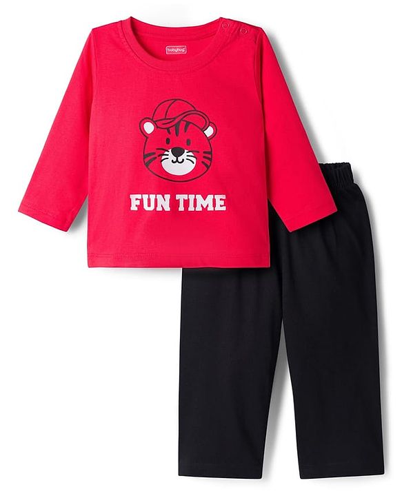 Babyhug Single Jersey Knit Full Sleeves T-Shirt & Lounge Pant Set with Tiger Print - Red & Black