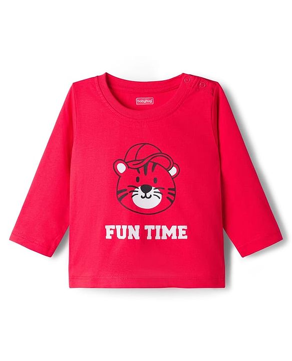 Babyhug Single Jersey Knit Full Sleeves T-Shirt & Lounge Pant Set with Tiger Print - Red & Black