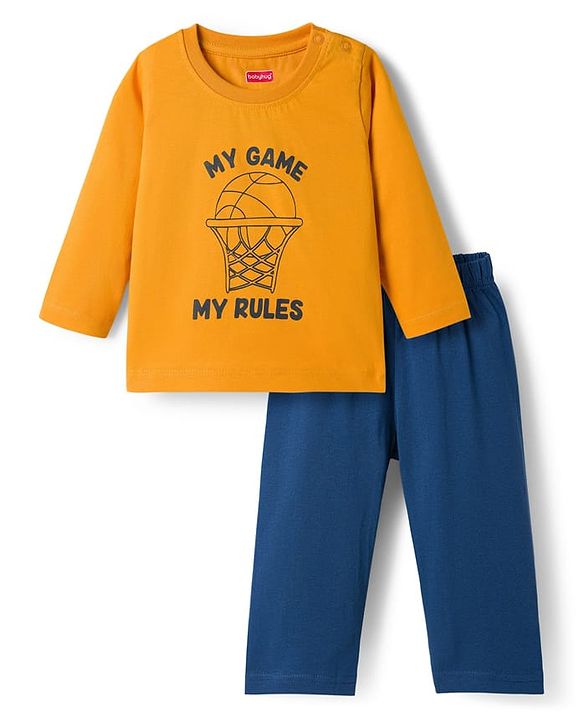 Babyhug Single Jersey Knit Full Sleeves T-Shirt & Pant Set With Basketball Print - Mustard & Navy Blue