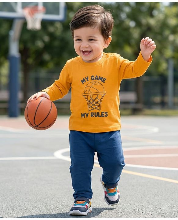 Babyhug Single Jersey Knit Full Sleeves T-Shirt & Pant Set With Basketball Print - Mustard & Navy Blue