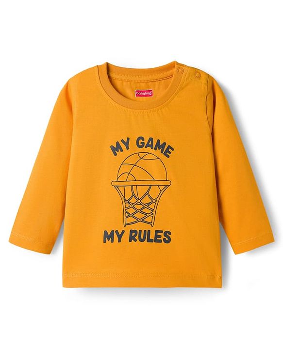 Babyhug Single Jersey Knit Full Sleeves T-Shirt & Pant Set With Basketball Print - Mustard & Navy Blue