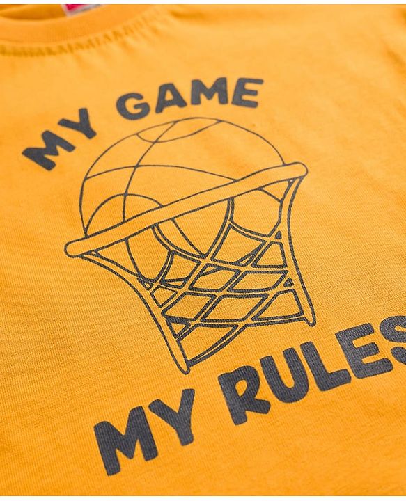 Babyhug Single Jersey Knit Full Sleeves T-Shirt & Pant Set With Basketball Print - Mustard & Navy Blue