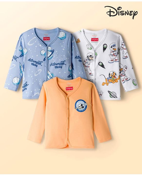 Babyhug Disney Interlock Knit Full Sleeves Jhablas with Mickey Mouse Graphics Pack of 3 - White Orange & Blue