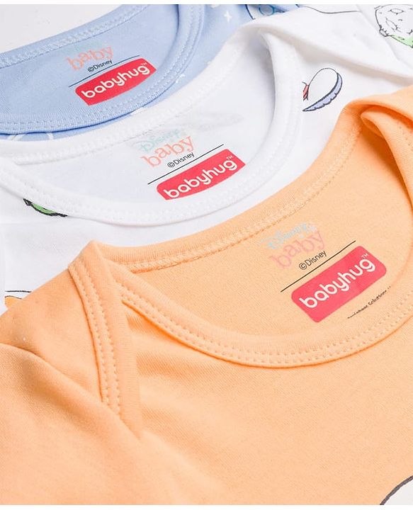 Babyhug Disney Interlock Knit Full Sleeves Onesie with Mickey Mouse Graphic Pack of 3 - Peach White & Light Blue
