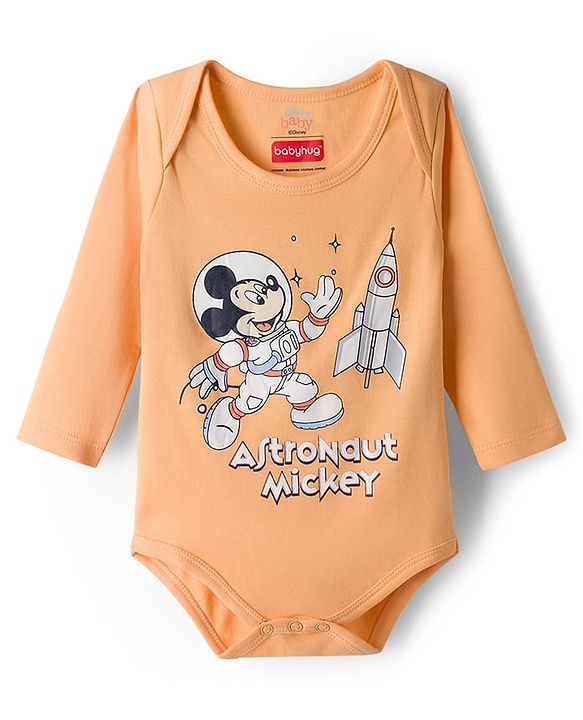Babyhug Disney Interlock Knit Full Sleeves Onesie with Mickey Mouse Graphic Pack of 3 - Peach White & Light Blue
