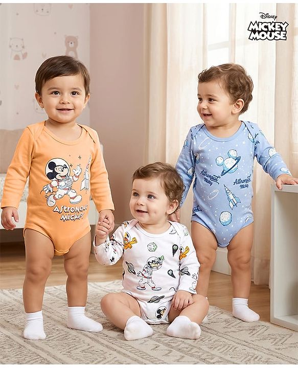 Babyhug Disney Interlock Knit Full Sleeves Onesie with Mickey Mouse Graphic Pack of 3 - Peach White & Light Blue