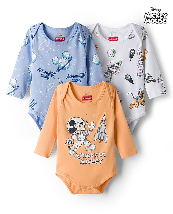 Babyhug Disney Interlock Knit Full Sleeves Onesie with Mickey Mouse Graphic Pack of 3 - Peach White & Light Blue