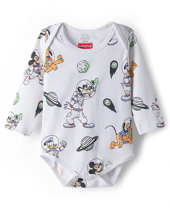 Babyhug Disney Interlock Knit Full Sleeves Onesie with Mickey Mouse Graphic Pack of 3 - Peach White & Light Blue