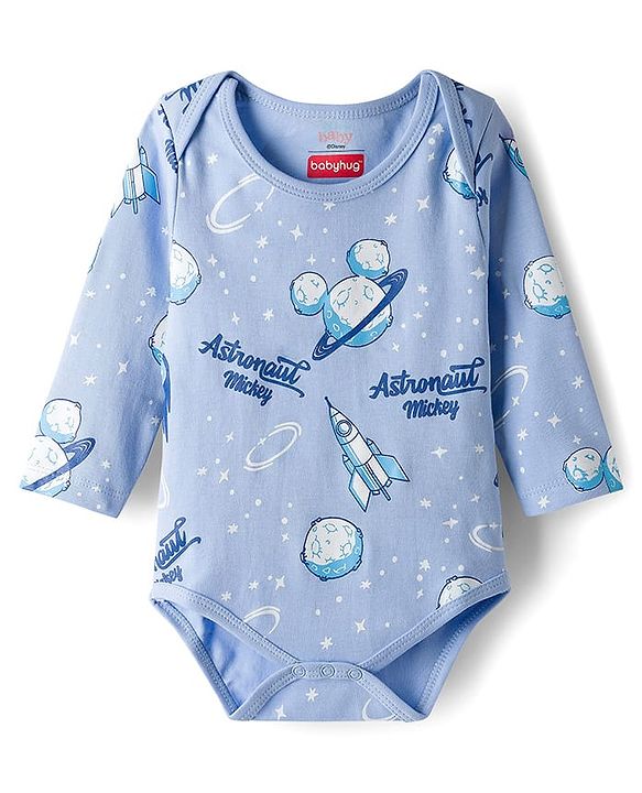 Babyhug Disney Interlock Knit Full Sleeves Onesie with Mickey Mouse Graphic Pack of 3 - Peach White & Light Blue