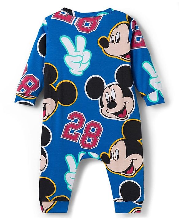 Babyhug Disney Interlock Knit Full Sleeves Front Open Rompers with Mickey Mouse Graphic Pack of 3 - Yellow Red & Blue