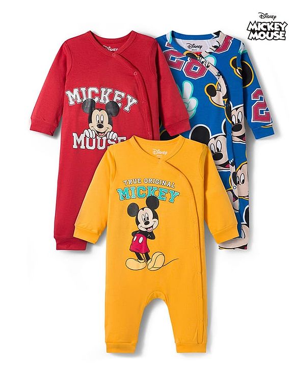 Babyhug Disney Interlock Knit Full Sleeves Front Open Rompers with Mickey Mouse Graphic Pack of 3 - Yellow Red & Blue