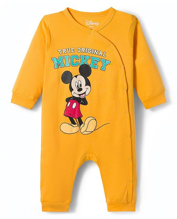 Babyhug Disney Interlock Knit Full Sleeves Front Open Rompers with Mickey Mouse Graphic Pack of 3 - Yellow Red & Blue