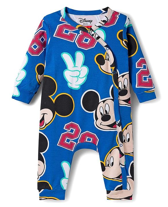 Babyhug Disney Interlock Knit Full Sleeves Front Open Rompers with Mickey Mouse Graphic Pack of 3 - Yellow Red & Blue