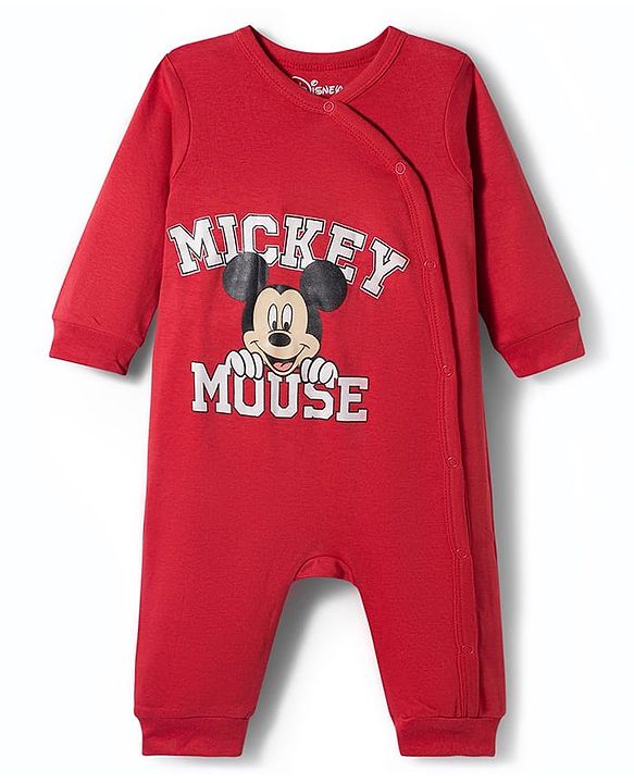 Babyhug Disney Interlock Knit Full Sleeves Front Open Rompers with Mickey Mouse Graphic Pack of 3 - Yellow Red & Blue