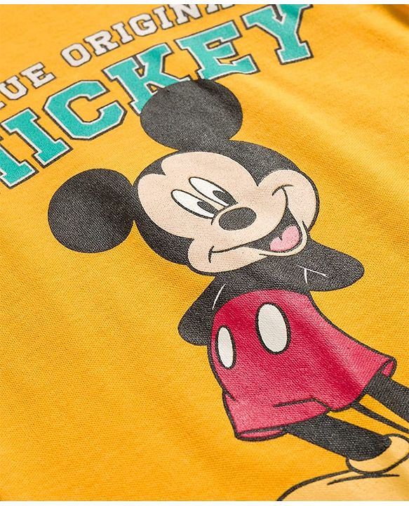 Babyhug Disney Interlock Knit Full Sleeves Front Open Rompers with Mickey Mouse Graphic Pack of 3 - Yellow Red & Blue