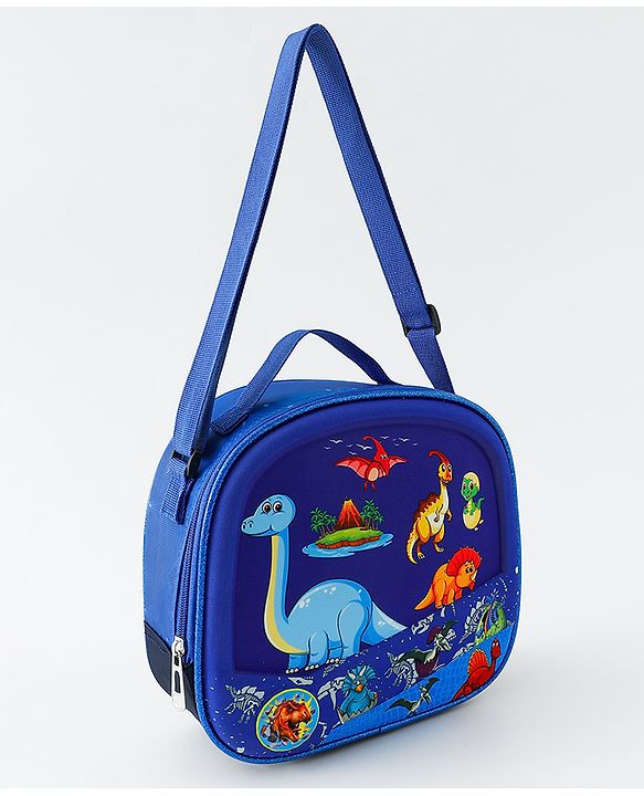 Babyhug Dinosaur Kids Insulated Lunch Box Bag with Adjustable Shoulder Strap & Handle - Blue| Thermal Lunch Carry Bag with Zip Closure for Boys & Girls